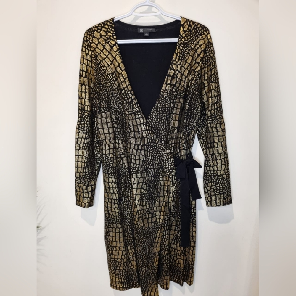 International Concepts black and gold snakeskin faux wrap dress size M